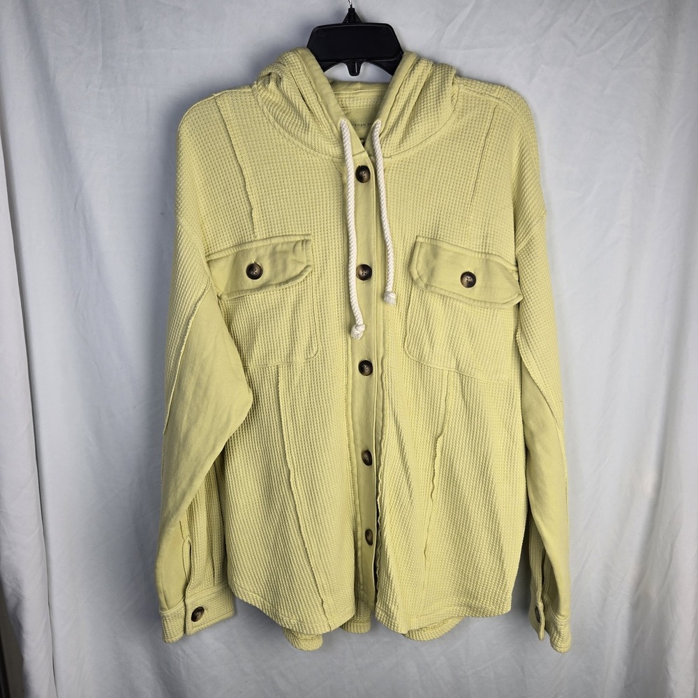American Eagle Waffle Knit Thermal Shacket Large Hooded Oversized Pockets Boho